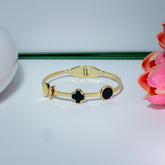 Black Clover & Round Charm Gold Bangle Bracelet (Free Size)