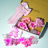 Pink Floral Hair Accessory Combo Box – Resin Clips, Satin Scrunchies & Big Bow | Aesthetic Pink Gift Set