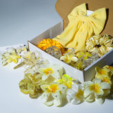 Yellow Floral Hair Accessory Combo Box – Resin Clips, Satin Scrunchies & Bow | Sunshine Aesthetic Gift Set
