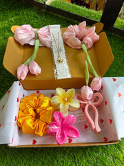 Blossom Gift Box – Tulip Bow Hair Accessories, Satin Scrunchie & Floral Hair Claws Combo | Cute Aesthetic Gift for Girls & Women