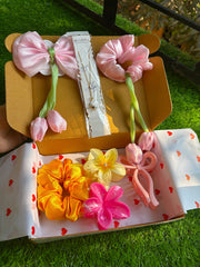 Blossom Gift Box – Tulip Bow Hair Accessories, Satin Scrunchie & Floral Hair Claws Combo | Cute Aesthetic Gift for Girls & Women
