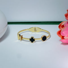 Black Clover & Round Charm Gold Bangle Bracelet (Free Size)