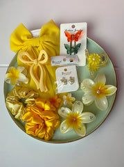 Yellow Blossom Hair Accessories Combo – Floral Claw Clips, Satin Scrunchies, Bow Clips & Earrings | Aesthetic Gift Set for Girls & Women