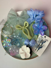 Blue Dream Hair Accessories Combo – Floral Claw Clips, Tulip Scrunchies, Bow Clips & Bracelet | Aesthetic Gift Set for Girls & Women